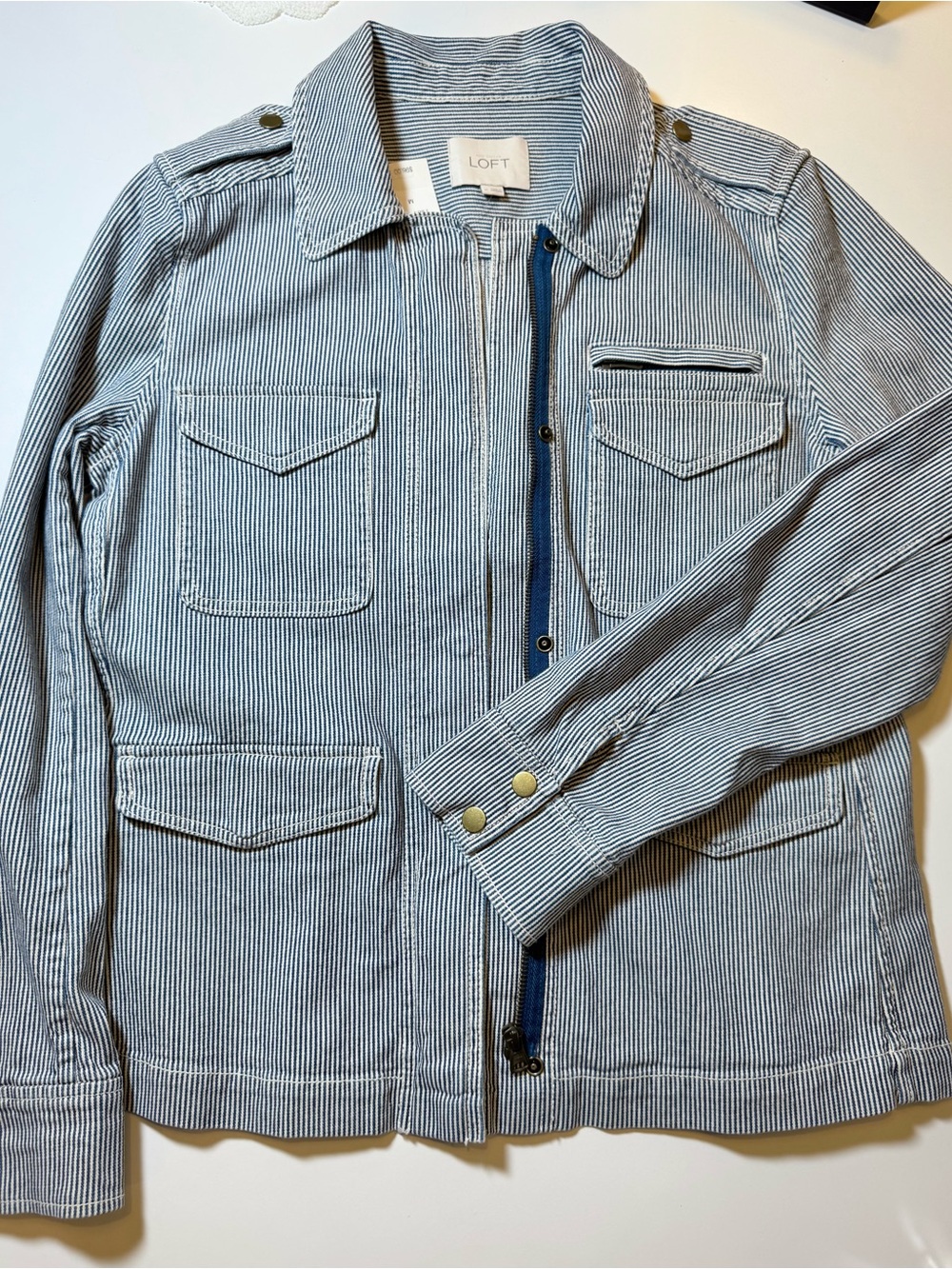 Ann Taylor LOFT Pinstripe Blue Railroad Stripe Zip-Front Jacket NWT Size Medium